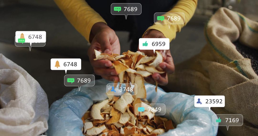 Hands Sorting Organic Shavings with Digital Reaction Icons