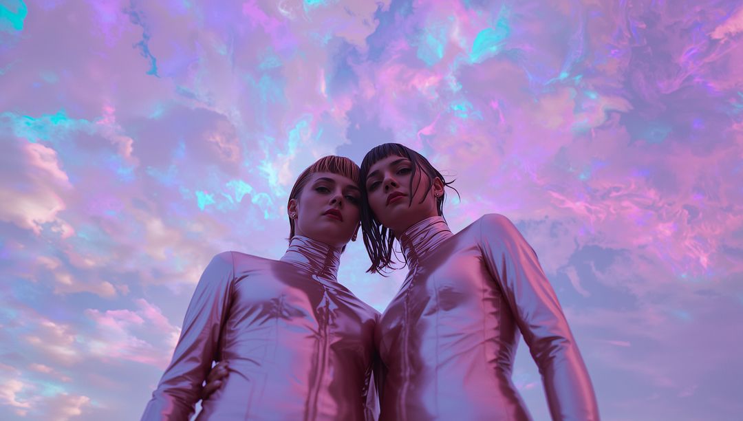 Futuristic Models in Metallic Bodysuits against Vibrant Sky