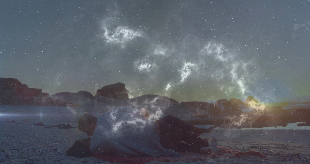 Serene Couple Embracing on Beach at Dusk Under Starry Sky