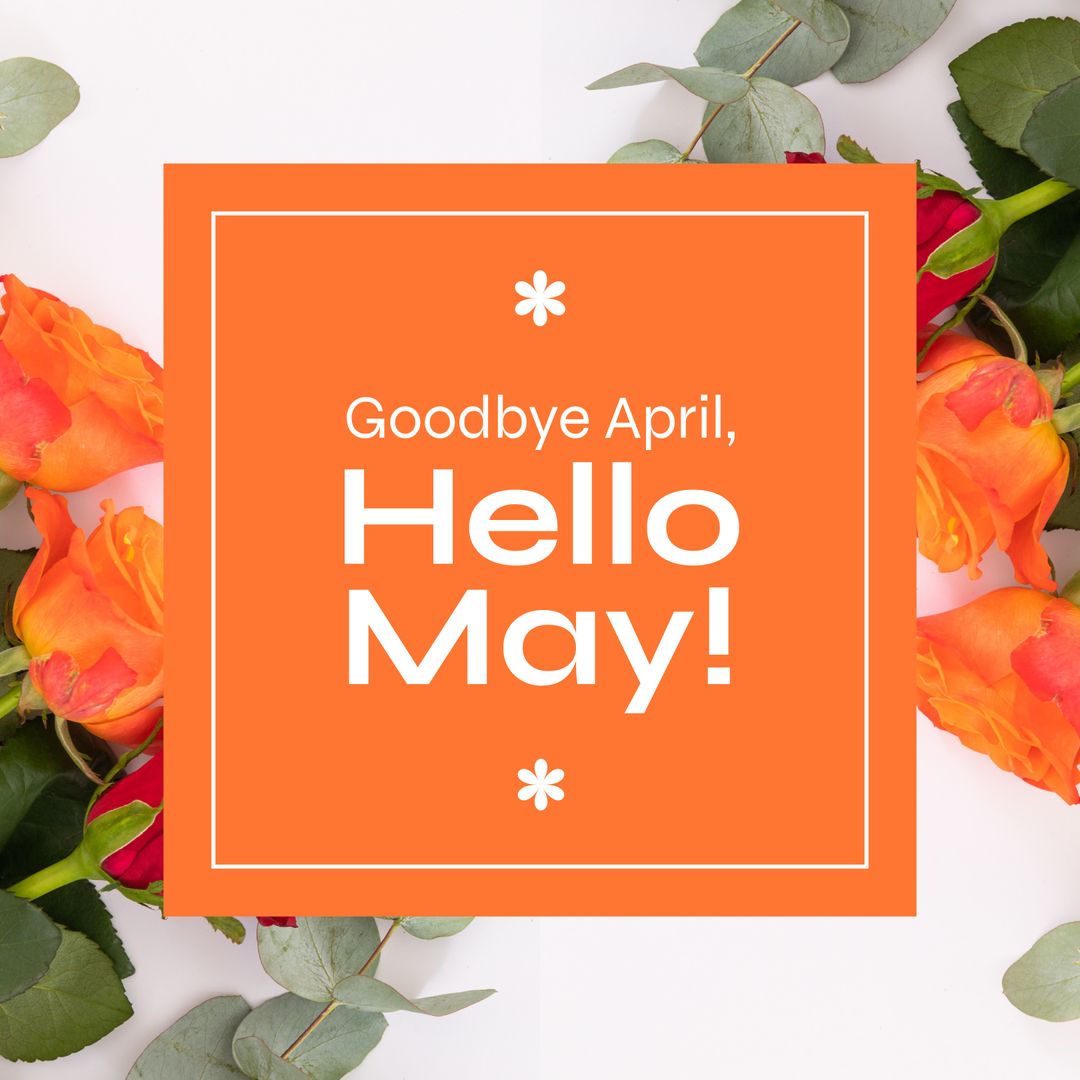 Hello May Greeting with Vibrant Orange Roses in Background