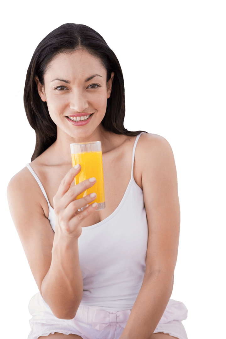 Smiling Woman Holding Orange Juice on Transparent Background