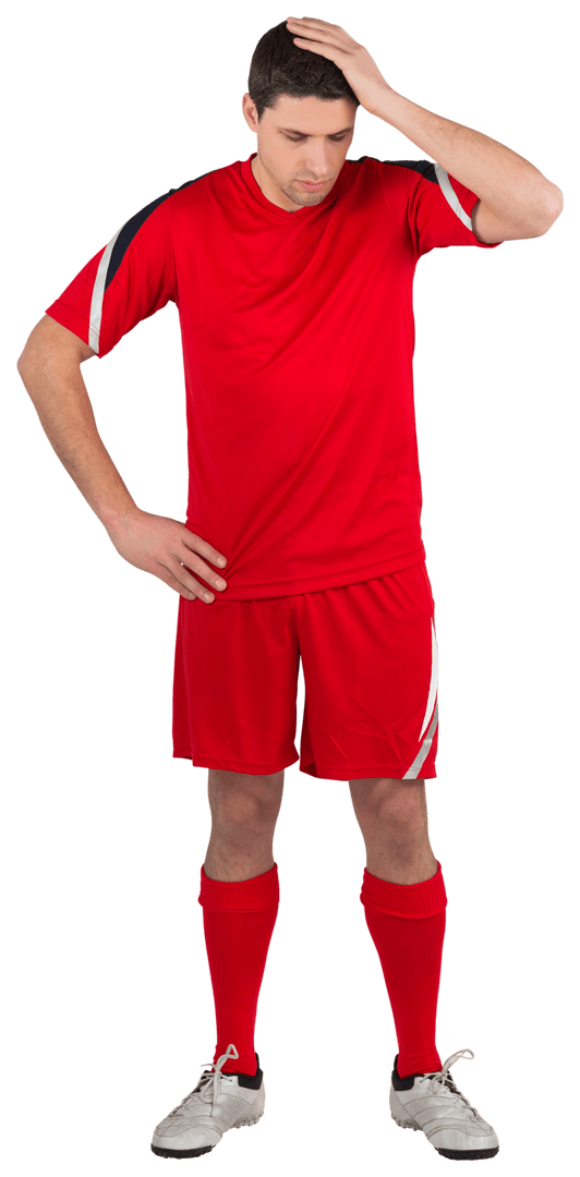 Disappointed Soccer Player in Red Uniform on Transparent Background