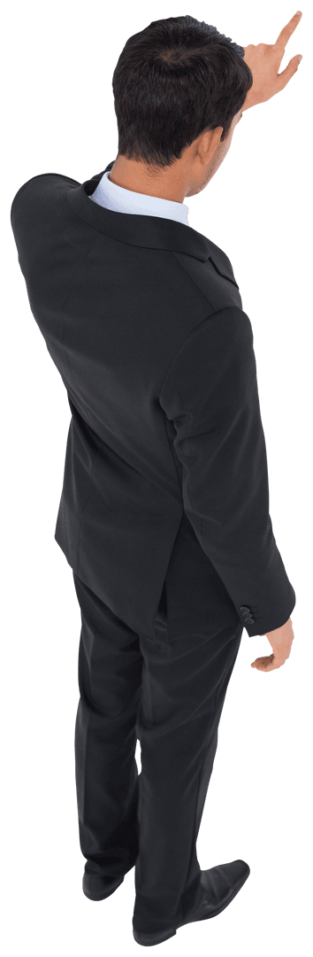 Transparent Businessman Stands Pointing in Black Suit