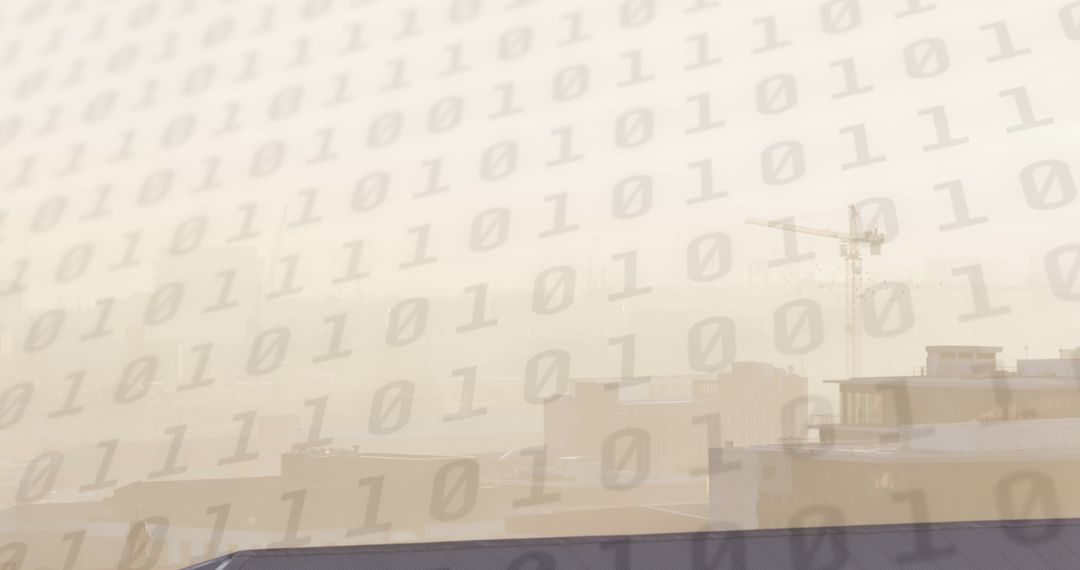 Digital Code Layers Over Urban Cityscape Highlighting Technology