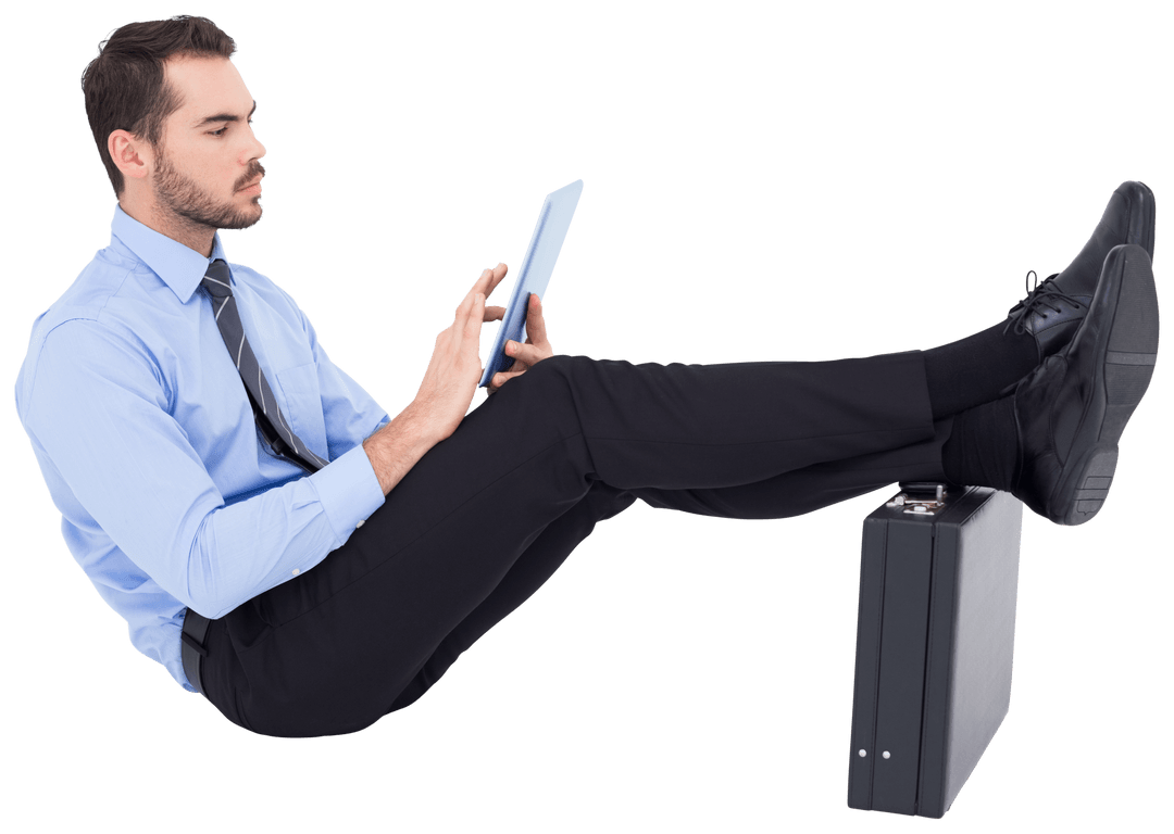 Businessman Transparency Using Gadget Relaxing with Briefcase