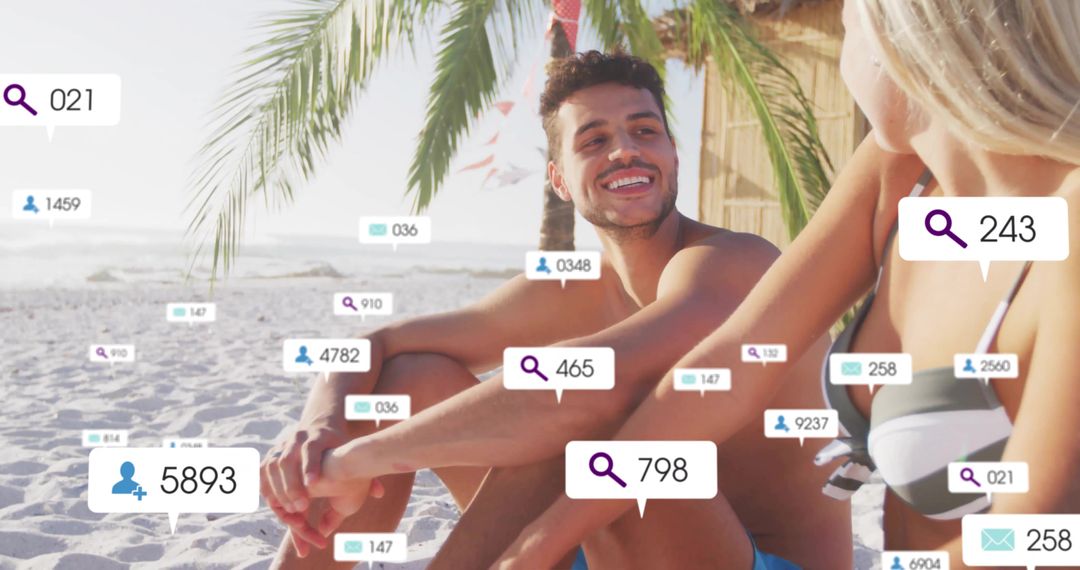 Couple Relaxing on Beach with Floating Social Media Icons