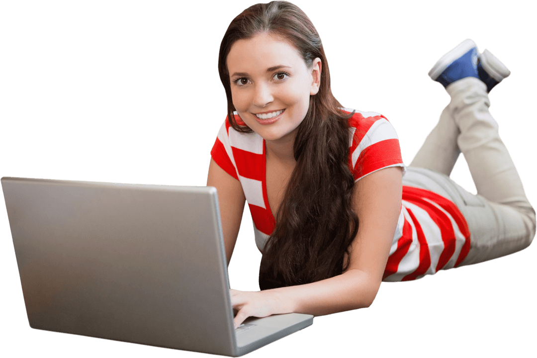 Transparent Image: Student Using Laptop on Library Floor