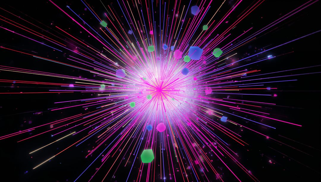 Radiating magenta-white core sending neon rays with floating hexagons in dark digital void