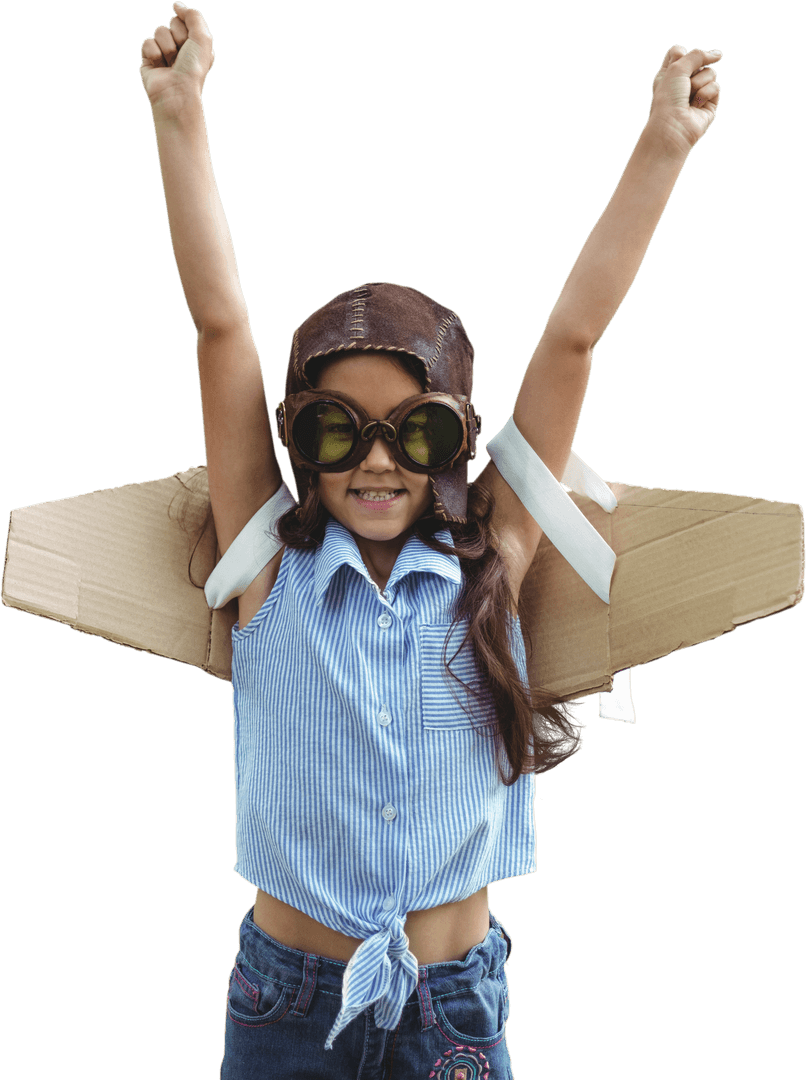 Child in Aviator Gear and Cardboard Wings Transparent Background