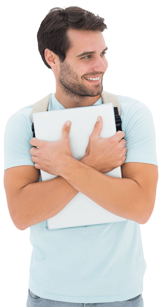 Smiling Man Holding Laptop on Transparent Background