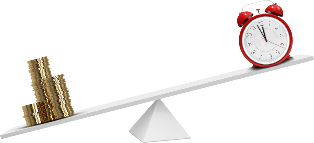 Transparent Balance Scale with Coins and Clock Illustration