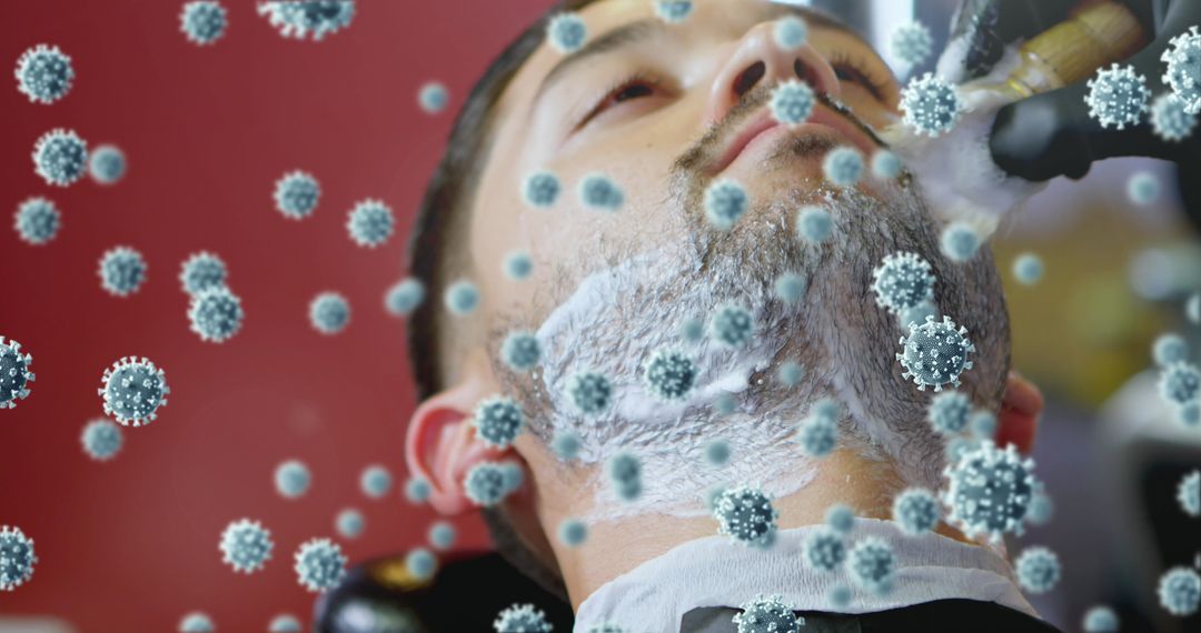 Barber Shaving Beard Surrounded by Conceptual Virus Particles