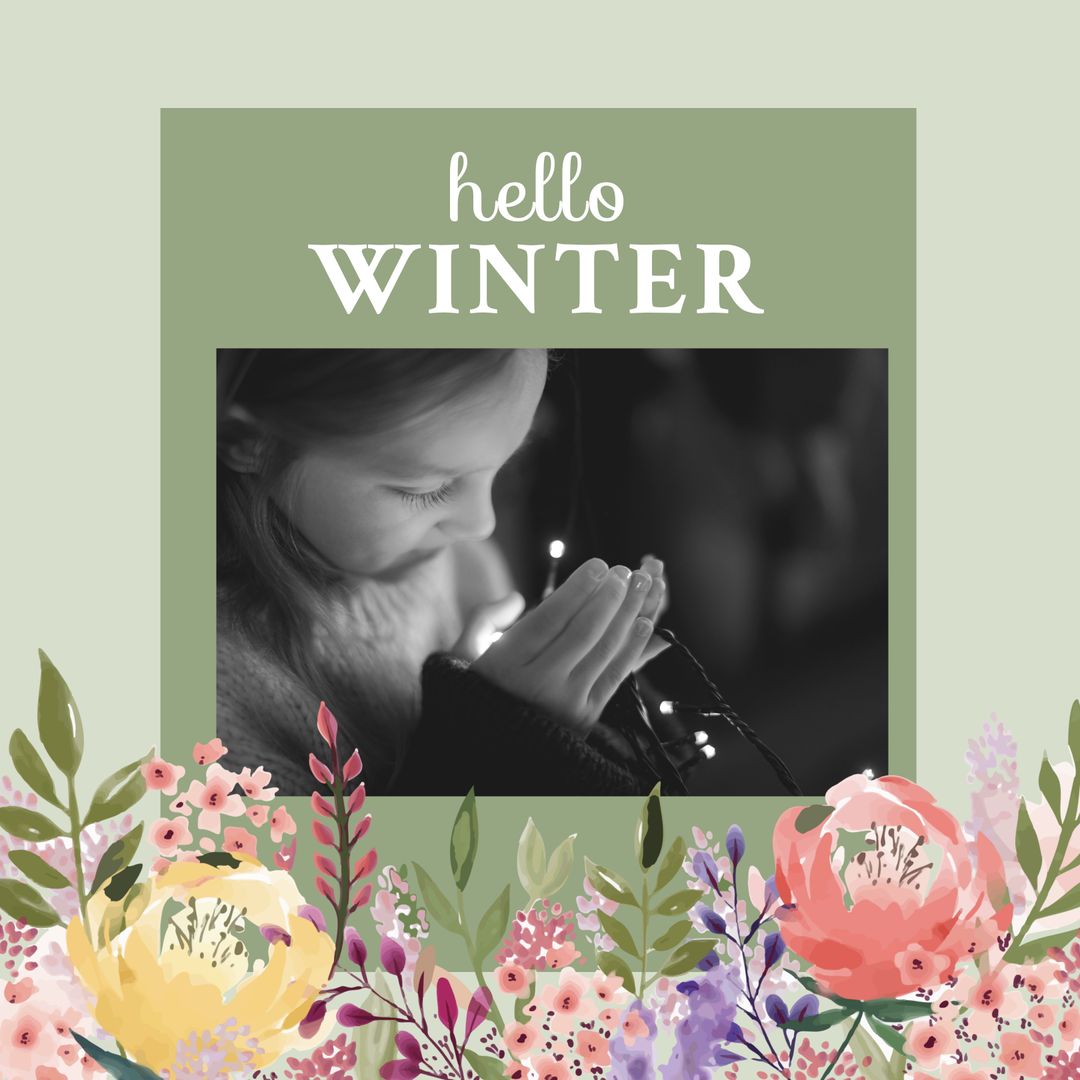 Winter Greeting Card with Floral Design and Festive Lights