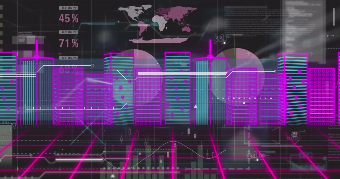 Futuristic Digital Cityscape with Neon Colors and Data Visuals