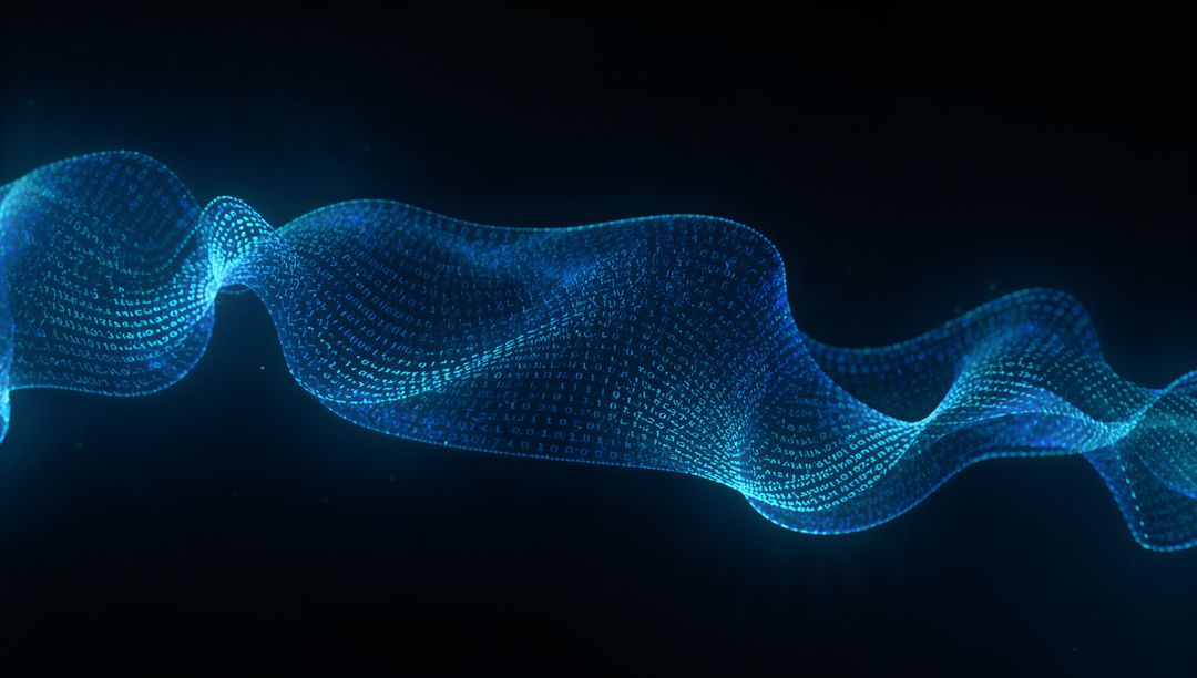 Flowing Blue Binary Wave Mesh Ribbon Representing Data Stream AI Technology Concept
