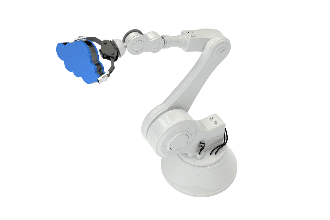 Robotic Arm Holding Transparent Blue Cloud Symbol