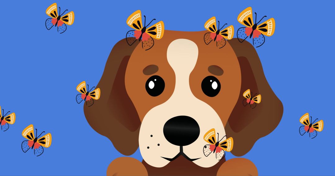Whimsical dog portrait with butterflies on blue background