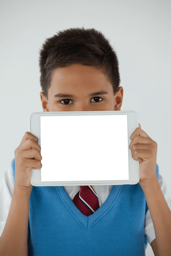 Child Holding Transparent Screen Tablet Portrait in School Uniform