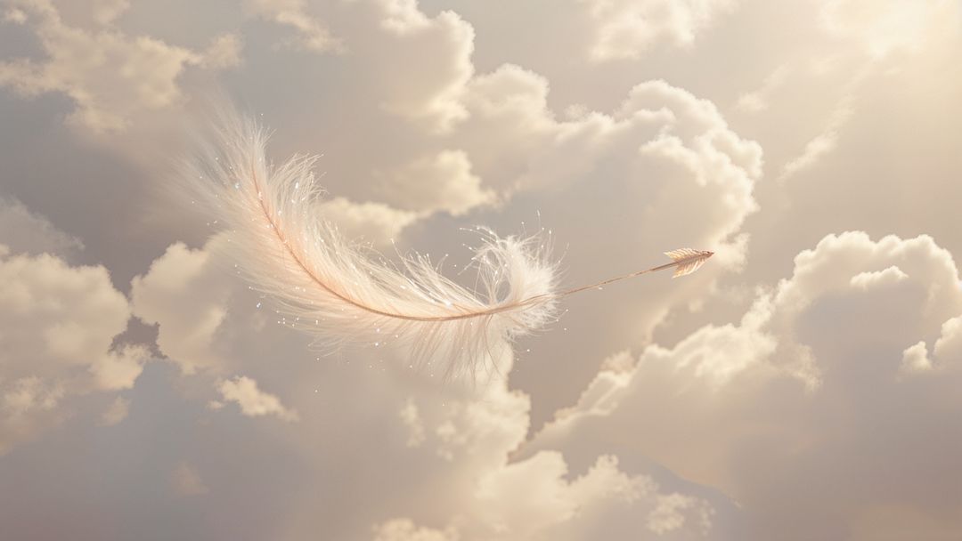 Ethereal feather curved arrow floating among golden cumulus clouds