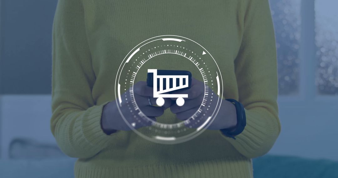 Woman Uses Smartphone with Virtual Shopping Cart Interface