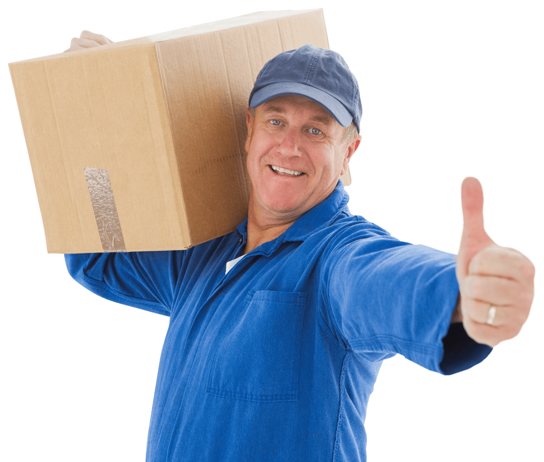 Happy Delivery Man in Blue Showing Thumbs Up with Cardboard Box