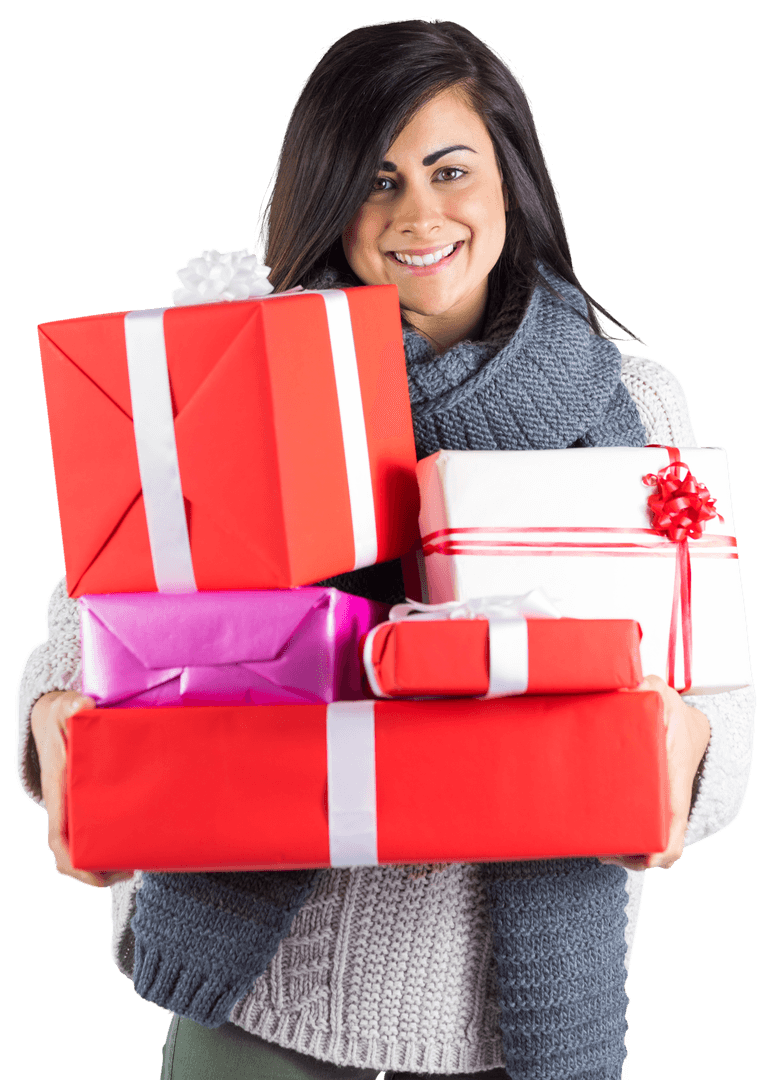 Smiling Woman Holding Stack of Colorful Gift Boxes on Transparent Background