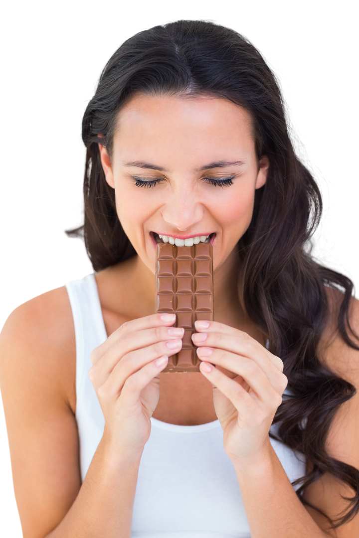 Pretty Brunette Eating Bar of Chocolate Against Transparent Background - Download Free Stock Images Pikwizard.com