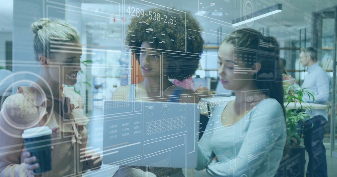 Diverse Team Analyzing Data with Virtual Analytics in Modern Office