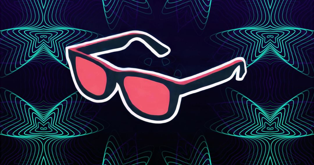 Floating Red-Lensed Sunglasses Over Neon Geometric Waves - Futuristic Minimalist Accessory Art