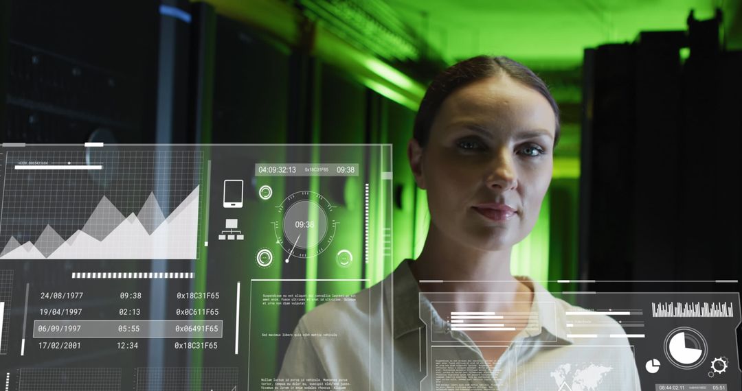 Woman Analyzing Digital Graphs in Modern Server Room