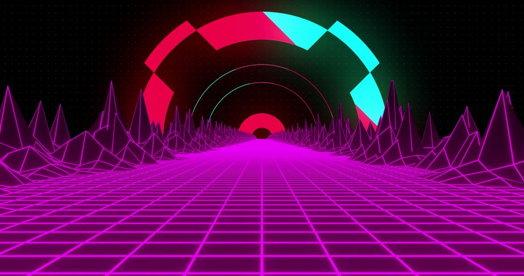 Futuristic Neon Grid with Digital Red Circles