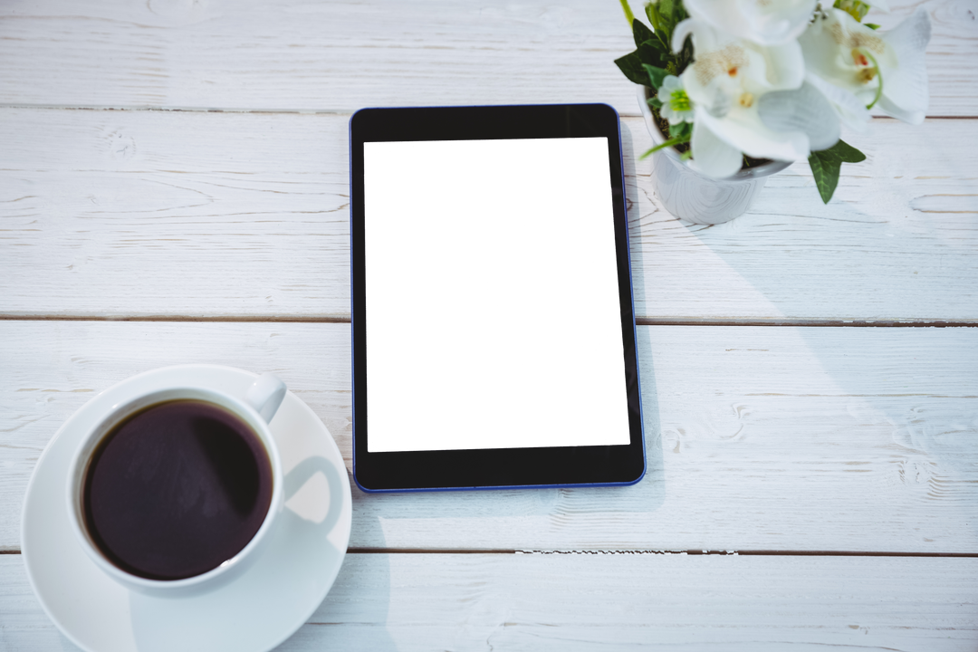 Transparent Tablet Screen with Coffee Cup and Orchid Arrangement - Download Free Stock Images Pikwizard.com