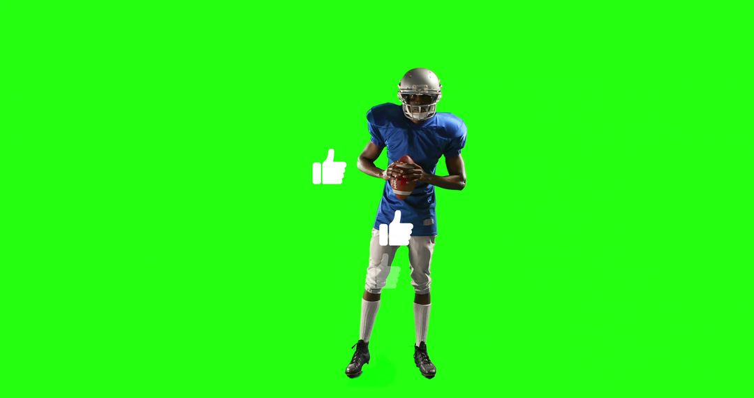 Helmeted Football Player Holding Ball on Green Screen Backdrop with Social Like Icons