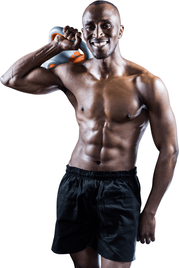 Transparent Focused Athlete Smiling Holding Kettlebell