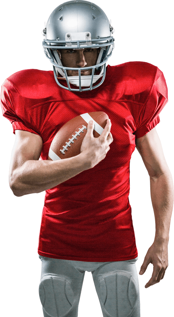 Transparent Confident American Football Player in Red Jersey Holding Ball