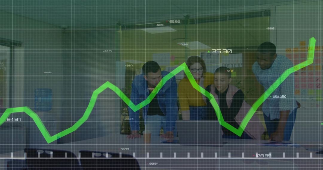 Team Analyzing Data with Line Graph Overlay in Modern Office