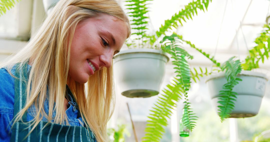 Smiling Female Gardener Working in Greenhouse with Hanging Ferns - Free Images, Stock Photos and Pictures on Pikwizard.com