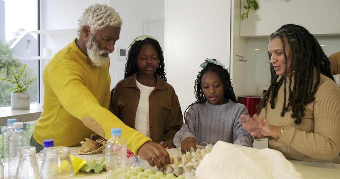 Multigenerational Diverse Family Cooking Together at Bright Kitchen Island with Eggs