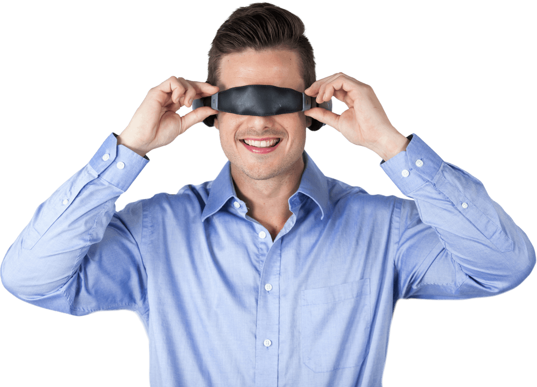 Transparent Smiling Man Holding Blindfold under Chin
