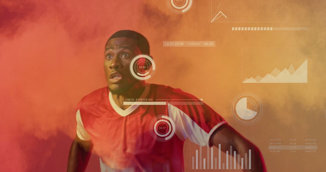Athlete Sprinting with HUD Technology Interface in Smoky Background