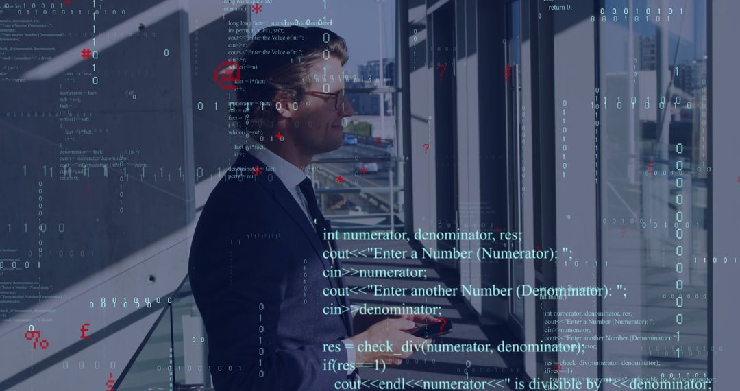Businessman in Suit Analyzing Skyline with Digital Code Overlay