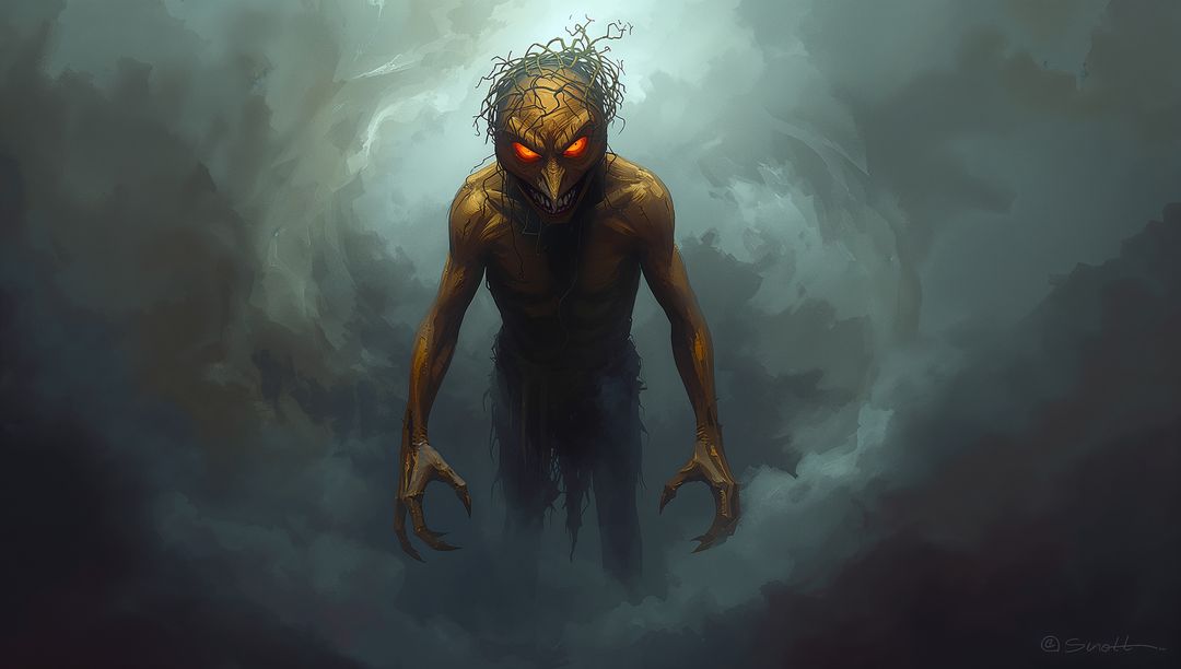 Mysterious Scarecrow-Like Creature with Glowing Eyes in Surreal Mist