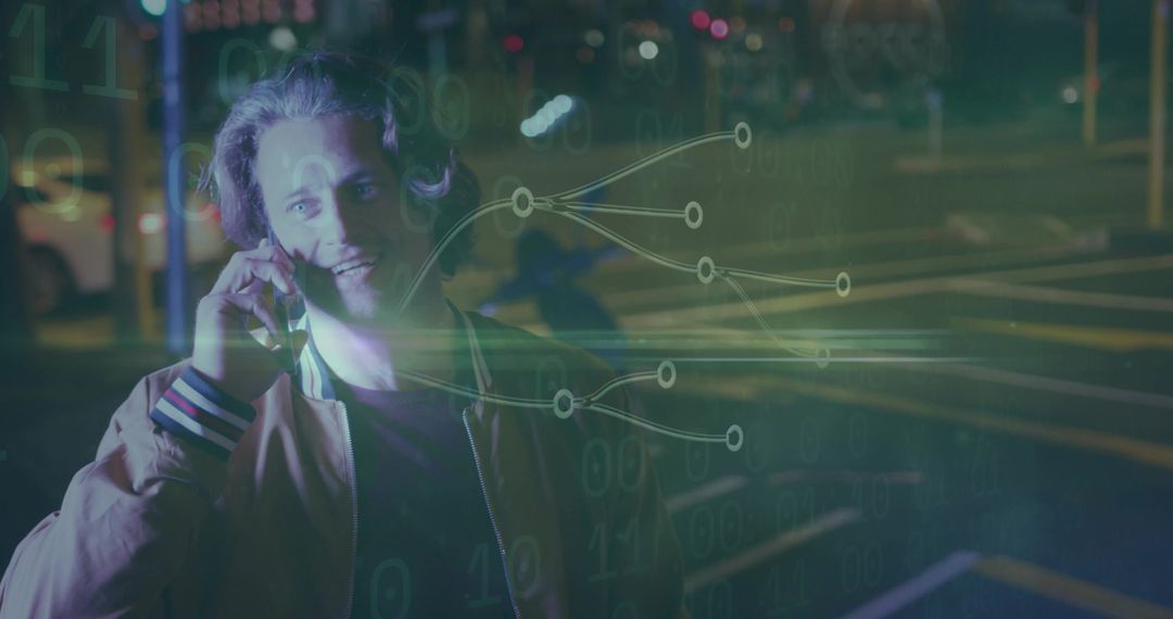 Man Enjoying Nighttime Calls with Technological Overlay