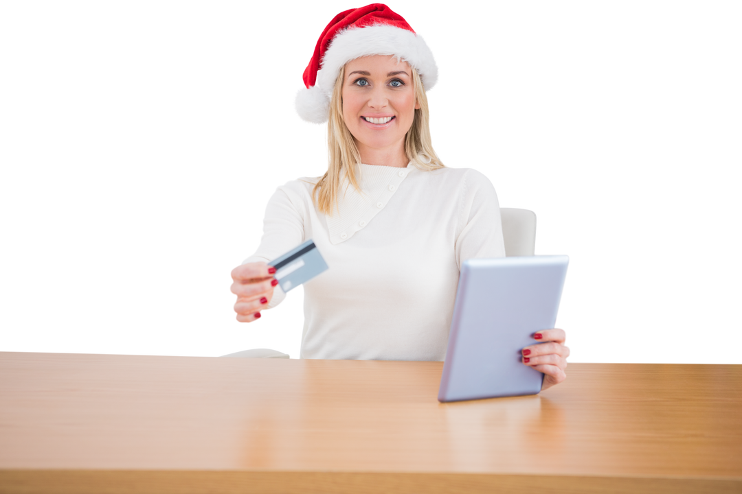 Caucasian Woman with Santa Hat Using Tablet with Card on Transparent Background - Download Free Stock Images Pikwizard.com