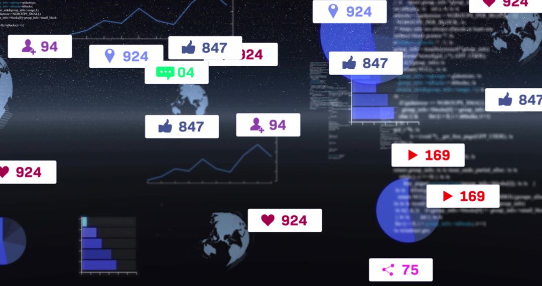 Floating social media metrics and engagement badges over dark data dashboard with globe and charts