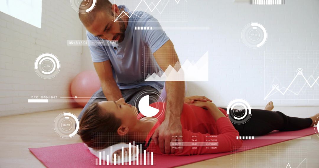Personal trainer adjusting client posture on mat with fitness analytics HUD overlays