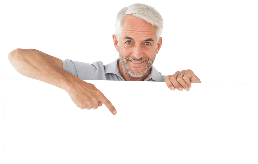 Smiling Senior Caucasian Man Presenting Large Transparent Poster