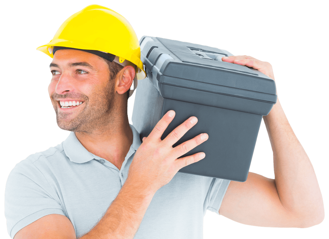 Confident Engineer Carrying Transparent Toolbox on Shoulder Smiling