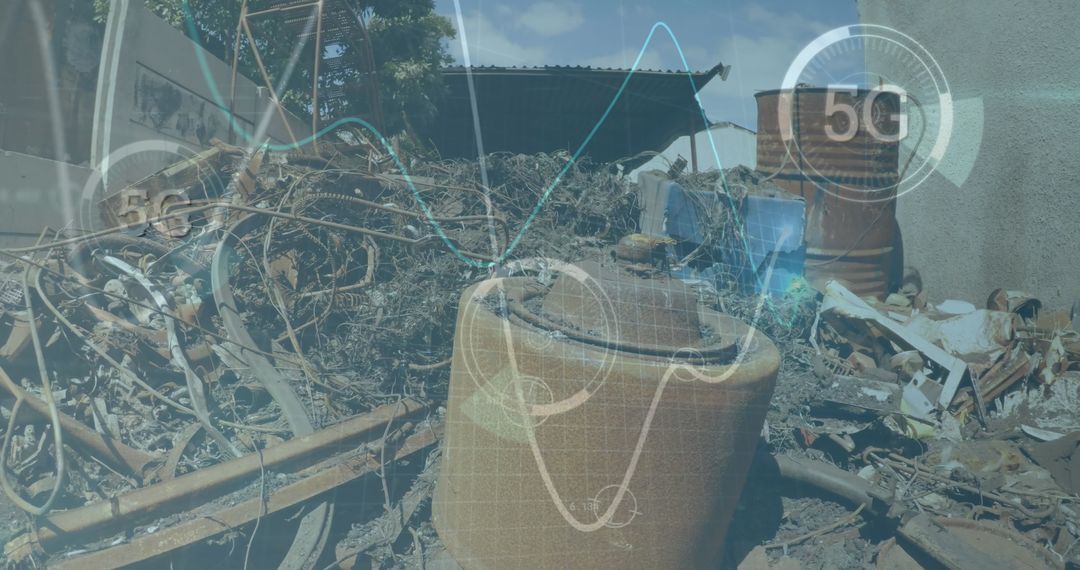 Futuristic Digital Interface Overlay Scrap Recycling Yard