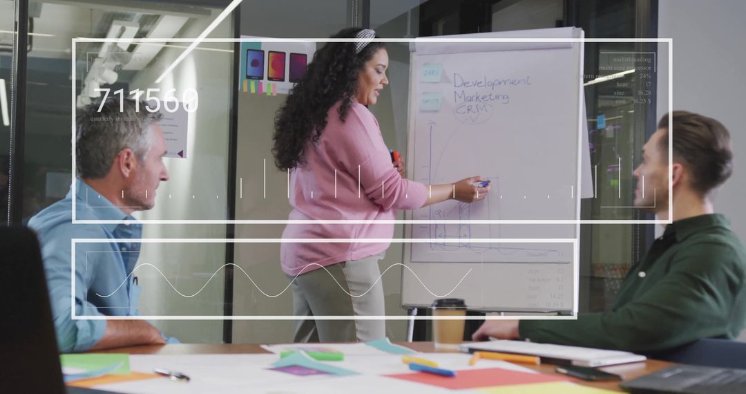 Business Presentation with Financial Data Overlay in Modern Office